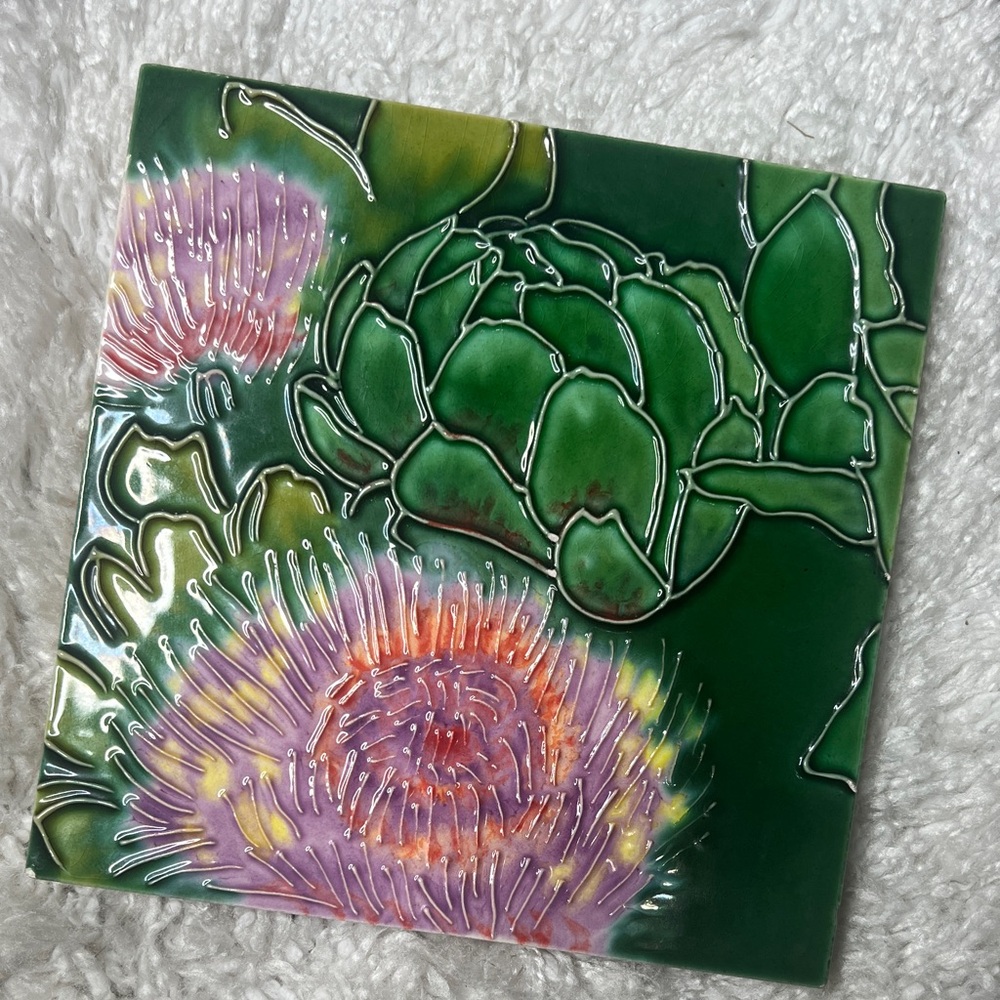 Hand-painted Art Floral Green and Purple Art Ceramic Tile